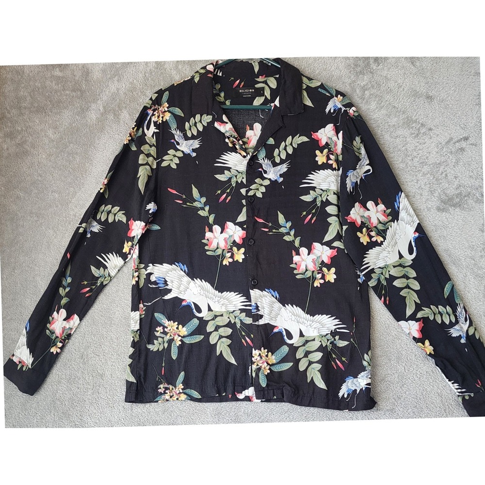 Religion London Shirt Mens Small Black Crane Floral Button Up Long Sleeve